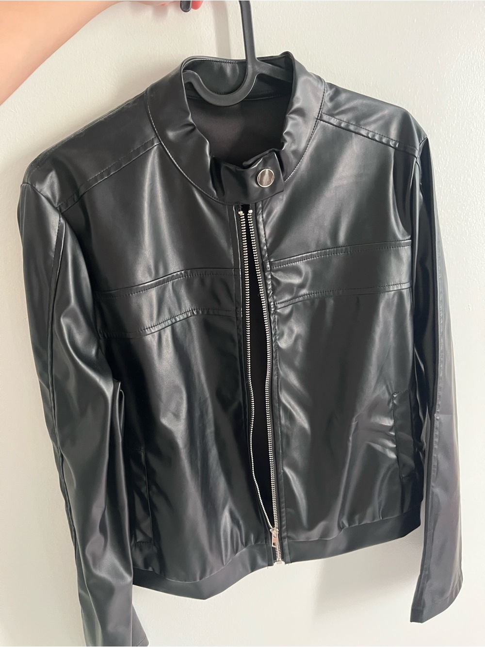 SHEIN Black Faux Leather Zip-Up Motorcycle Jacket